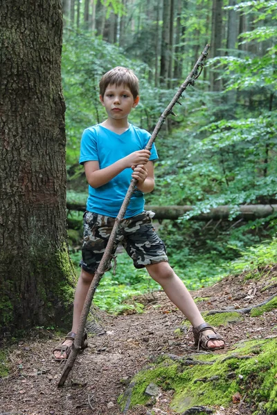 Niño con palo de madera largo en el parque forestal — Foto de Stock