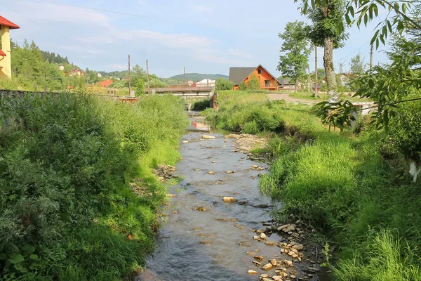 Estrecho arroyo en la pequeña ciudad de Cárpatos, Ucrania —  Fotos de Stock