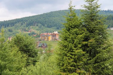 Modern evler ormanlık Dağları yamacında. Karpatlar