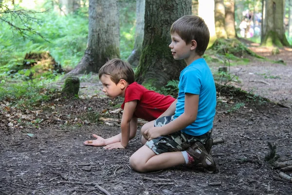 Två stiliga pojkar försöker mata en ekorre i stadsparken — Stockfoto