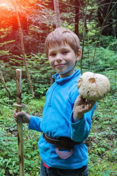 彼の手でその大きなキノコの森で微笑む少年 — ストック写真