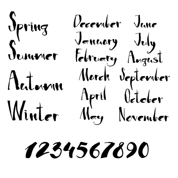 Ručně psané kaligrafie roční období, měsíce a čísla — Stockový vektor