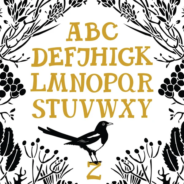 Алфавит Шриф шрифт Цветочная рамка и сорока — стоковый вектор