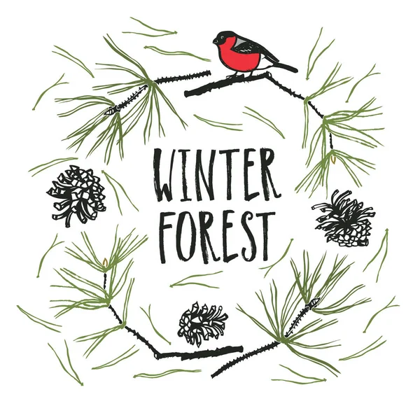 Cartão de Design Floresta de Inverno com Pinheiro e Bullfinch — Vetor de Stock