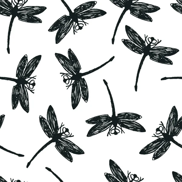 Dragonflies preto padrão sem costura — Vetor de Stock