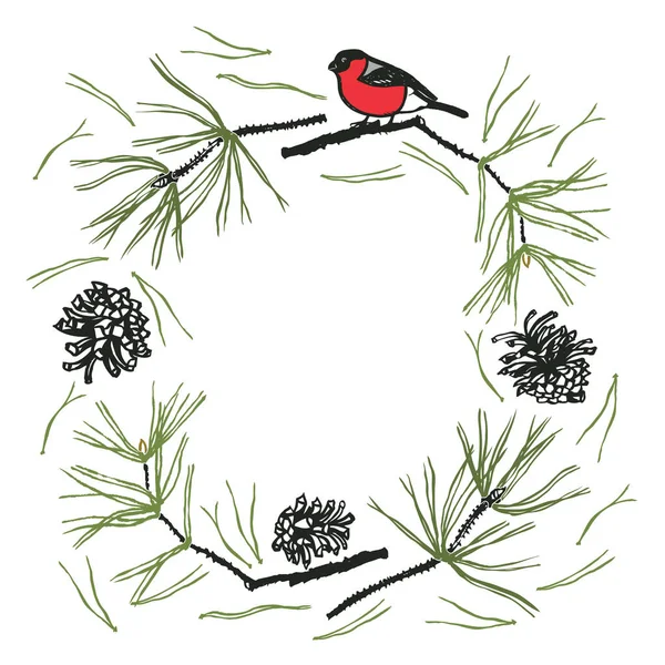 Frame with Pine twigs and Bullfinch — Stock Vector