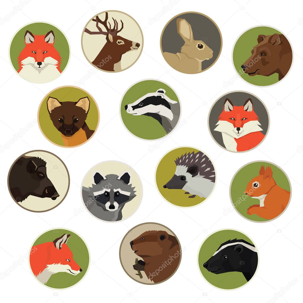 Forest Life Wild animals Geometric style icon round set