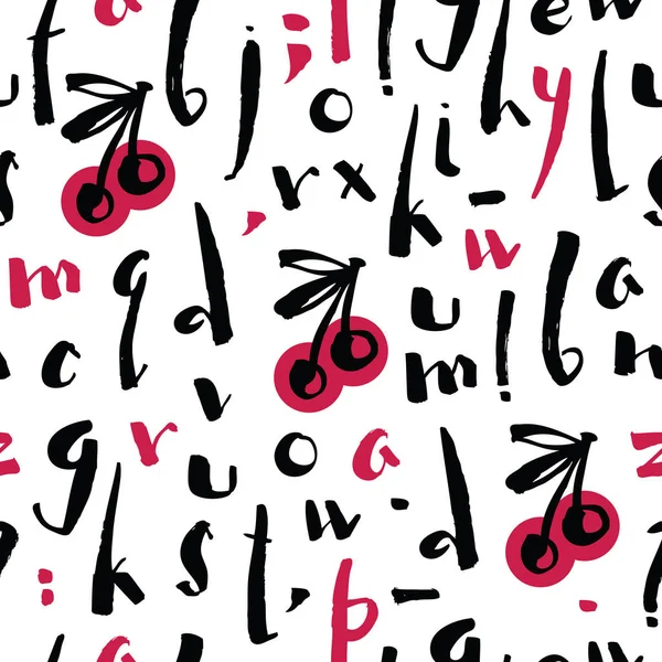 Kirschbeere Alphabet Pinsel Kalligraphie nahtlose Muster — Stockvektor