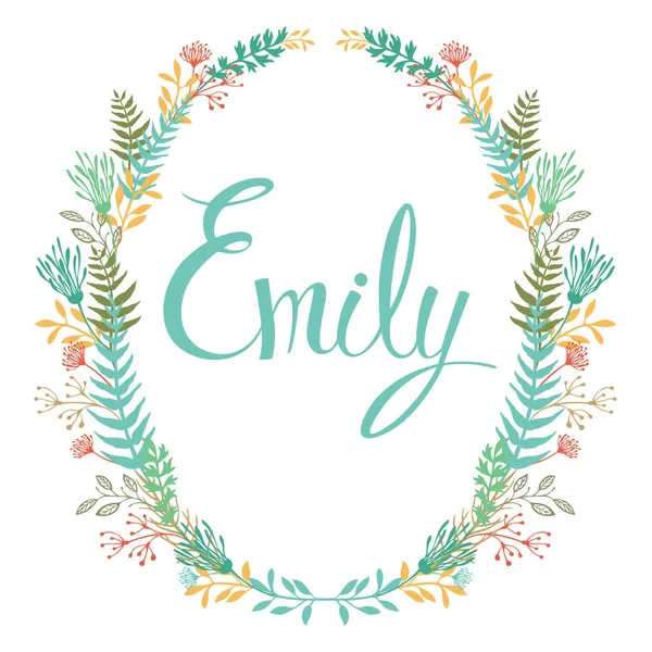 Frame of flowers and ferns with girl's name Emily — Stock Vector