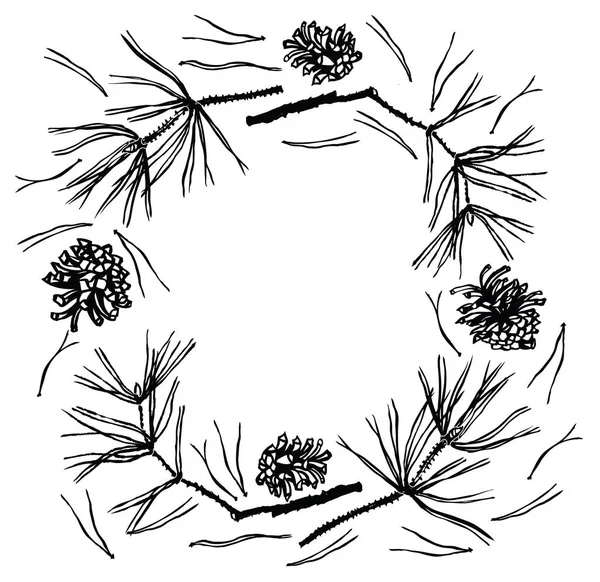 Telaio con ramoscelli di pino Stile di disegno a mano — Vettoriale Stock