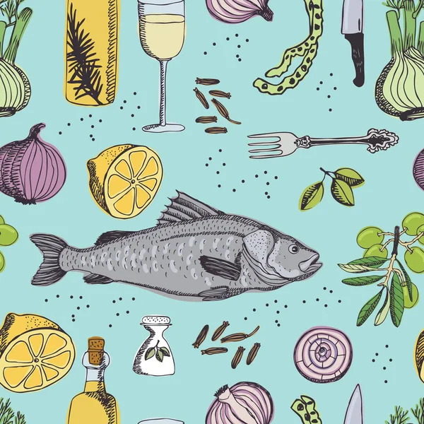 Sea Bass Patrón sin costura Estilo de boceto — Vector de stock