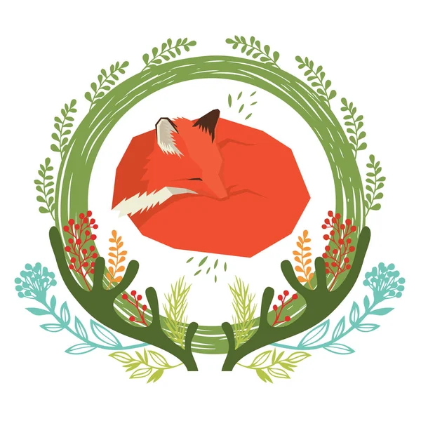 Bosque salvaje Marco redondo floral con zorro rojo — Vector de stock