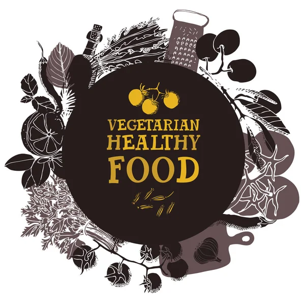 Vegetariano comida saudável Rótulo ilustração desenho à mão —  Vetores de Stock