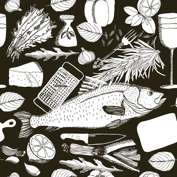 Ilustração com peixe e vinho Estilo desenho à mão —  Vetores de Stock