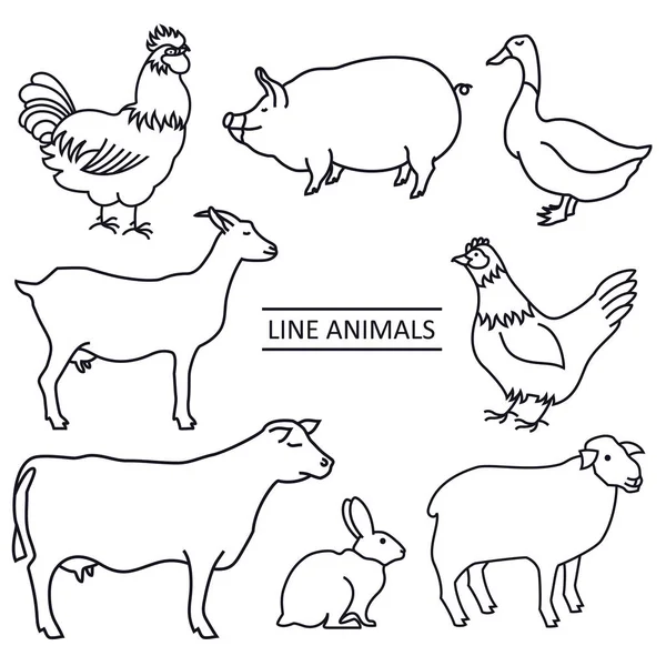 Línea Animales de granja Conjunto de 8 objetos aislados vectoriales — Archivo Imágenes Vectoriales