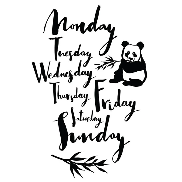 Panda fuente Days of the week Caligrafía manuscrita — Vector de stock