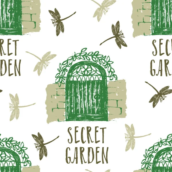 Jardin secret Modèle sans couture avec libellules — Image vectorielle