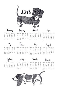 Takvim Basset Hound ve Dachshund çizim stili el ile