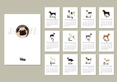 Koleksiyonu takvim kapak Pug ve diğer köpekler ay ile köpek 