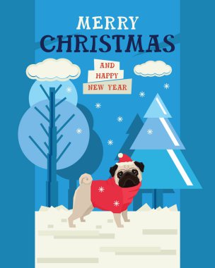 Neşeli Noel ve mutlu yeni yıl tasarım kartı ile Pug