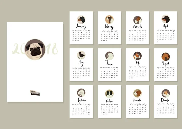 Calendario con dodici cani diversi Copertina con Pug — Vettoriale Stock