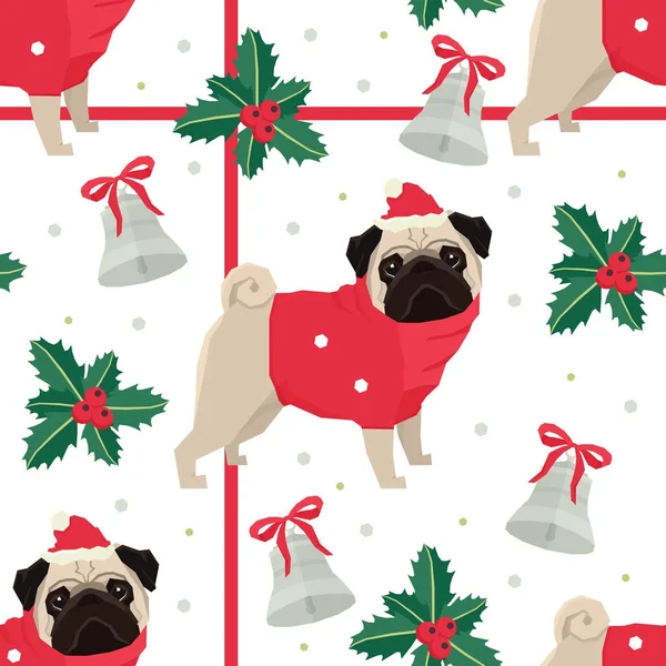 Feliz Navidad y Feliz Año Nuevo Patrón sin costuras con el pug — Vector de stock