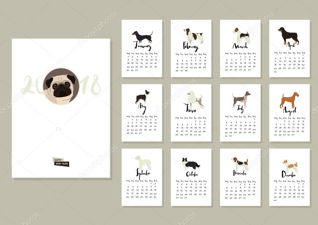 Dog collection Calendar Cover with Pug and other dogs Months of 