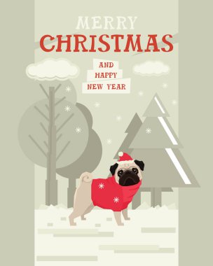 Neşeli Noel ve mutlu yeni yıl tasarım kartı ile Pug köpek