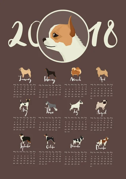Pies kolekcji kalendarz 2018 ciemne tło — Wektor stockowy