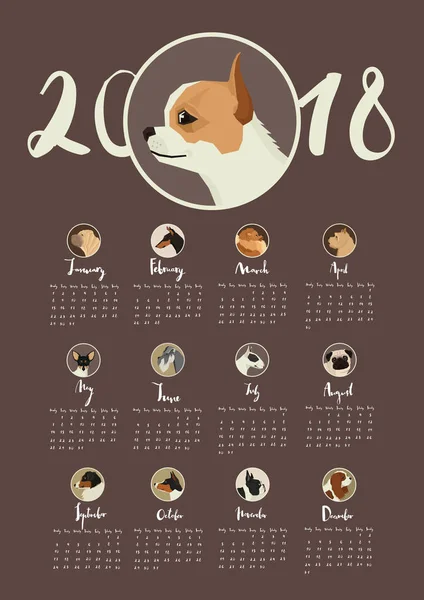 Calendario con retratos de perros en marcos redondos Fondo oscuro — Vector de stock
