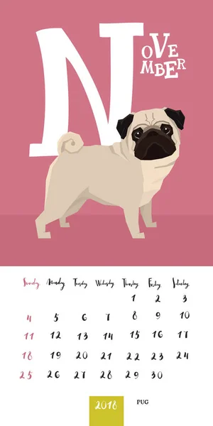 Calendario vectorial 2018 Noviembre Pug — Archivo Imágenes Vectoriales