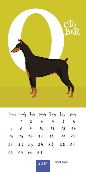 Kalender vektor 2018 Oktober Doberman - Stok Vektor