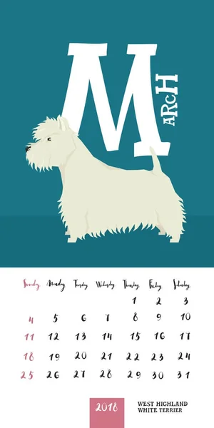 Calendário vetorial 2018 March West highland white terrier — Vetor de Stock