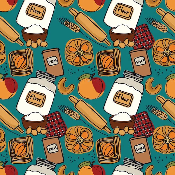 Boulangerie fraîche Desserts aux pommes Modèle sans couture fond bleu — Image vectorielle