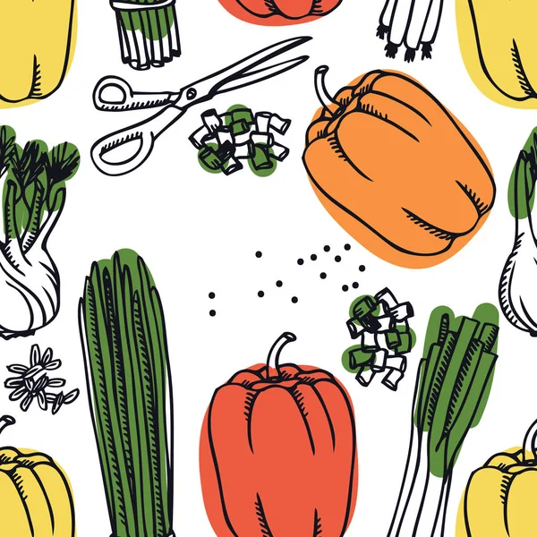 Collection alimentaire Mélange de poivrons doux et d'oignon de printemps Modèle sans couture — Image vectorielle