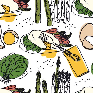 Food Collection Delicious eggs benedict with asparagus, bacon and spinach Seamless pattern clipart