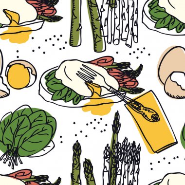 Food Collection Delicious eggs benedict with asparagus, bacon and spinach Seamless pattern vector Food Collection Delicious eggs benedict with asparagus, bacon and spinach Seamless pattern vector