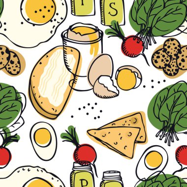 Yiyecek toplama leziz kahvaltı yumurta, ıspanak, turp ve tost Seamless Modeli
