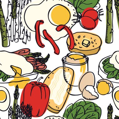 Food collection Eggs benedict with asparagus, spinach and tomatoes Seamless pattern vector Food collection Eggs benedict with asparagus, spinach and tomatoes Seamless pattern vector