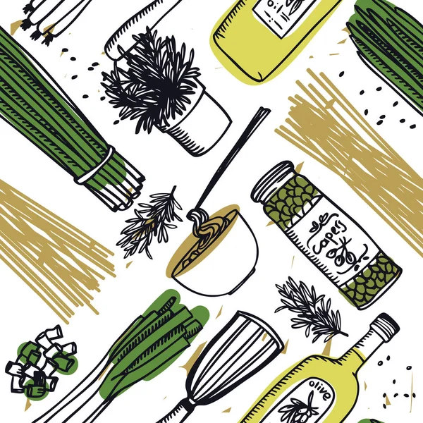 食物收集美味的面食, 白色的瓜和橄榄油无缝模式 — 图库矢量图片