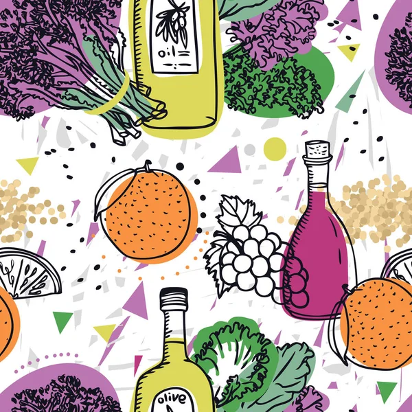 Colección de alimentos Brote de brócoli púrpura con quinua, aceite de oliva y naranjas Patrón sin costuras — Vector de stock