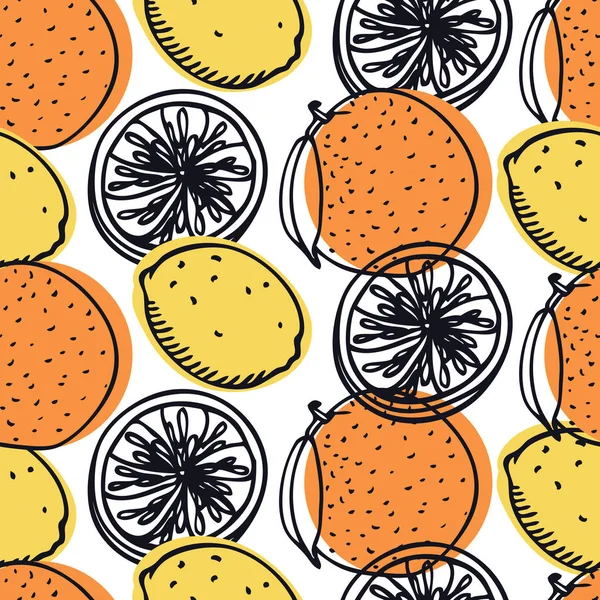食品コレクション新鮮なレモン、オレンジ シームレス パターン — ストックベクタ