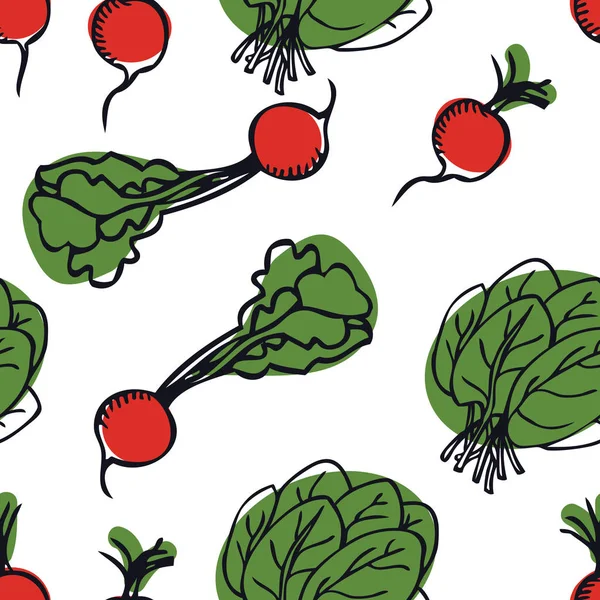 Χορτοφαγικά τρόφιμα συλλογή Ραπανάκια και σπανάκι Χωρίς ραφές μοτίβο — Διανυσματικό Αρχείο