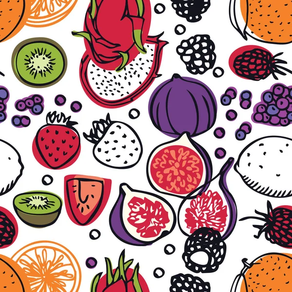 Food collection Fresh dragon fruits, strawberries, raspberries and figs Seamless pattern — Stock Vector