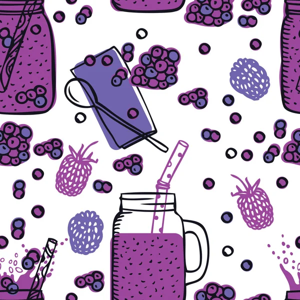 Voedsel collectie bosbessen smoothie gezonde verse drankjes drinken glazen pot met naadloze omgaan met patroon — Stockvector