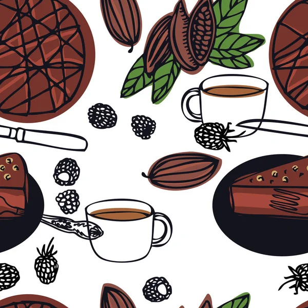Lebensmittel-Sammlung köstliche rohe vegane Schokoladenkuchen mit Himbeeren Kakaobohnen nahtlose Muster — Stockvektor