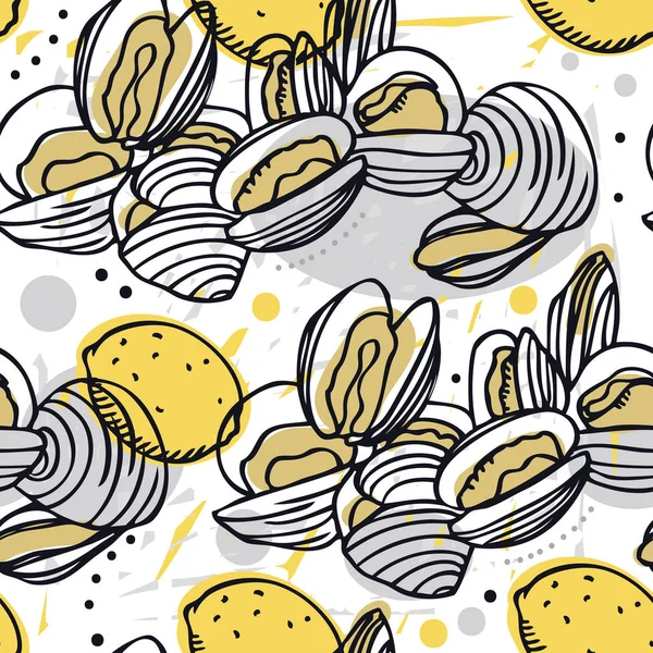 Lebensmittel-Sammlung leckere Venusmuscheln und Zitronen nahtlose Muster — Stockvektor