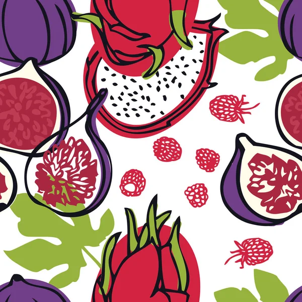 Colección de alimentos Frutas frescas de dragón, frambuesas e higos Patrón sin costuras — Vector de stock