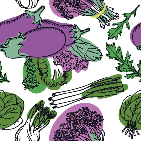 Lebensmittel-Sammlung köstlichen Frühlingssalat mit Auberginen nahtlosen Muster — Stockvektor