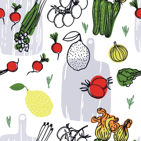 Collection alimentaire Les planches à découper Légumes frais et citrons Dessinés à la main Modèle sans couture — Image vectorielle